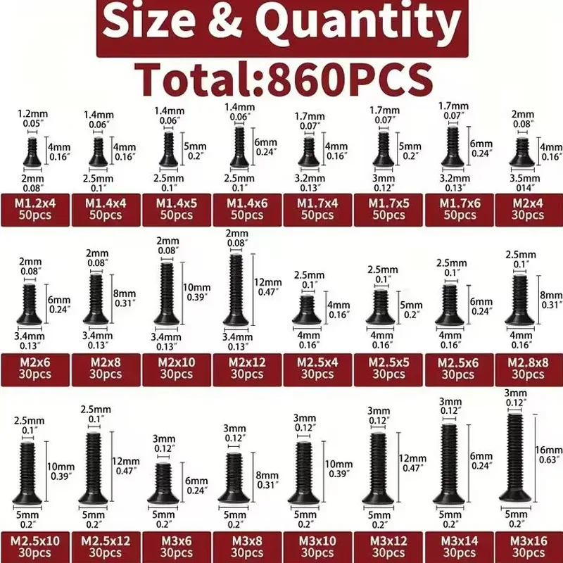 860 ชิ้นสกรูคอมพิวเตอร์ขนาดเล็กชุด Assortment, สีดําเล็กๆสกรูแว่นตา M1.2 M1.4 M1.7 M2 M2.5 M3, PC และแล็ปท็อป SSD ฮาร์ดไดรฟ์ C