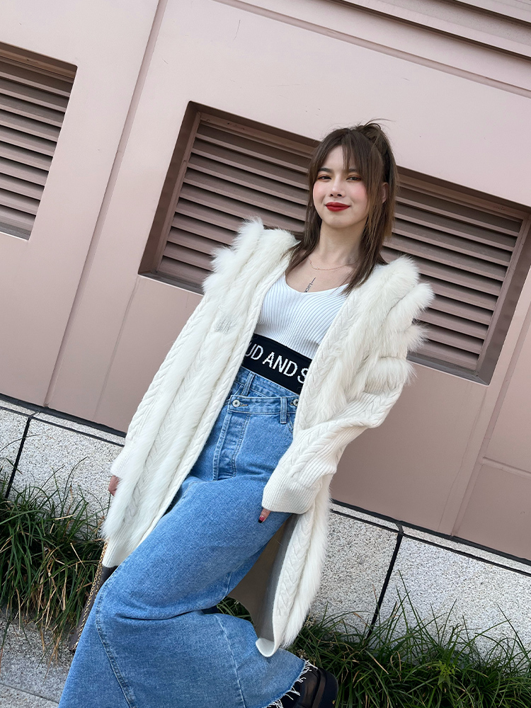Frauen Echt Fuchs Pelz Stricken OverSize Lose Frühling Fuchs Pelz Streifen Gemeinsamen Genäht Außerhalb Dekoration dame Mode Pullover Mantel