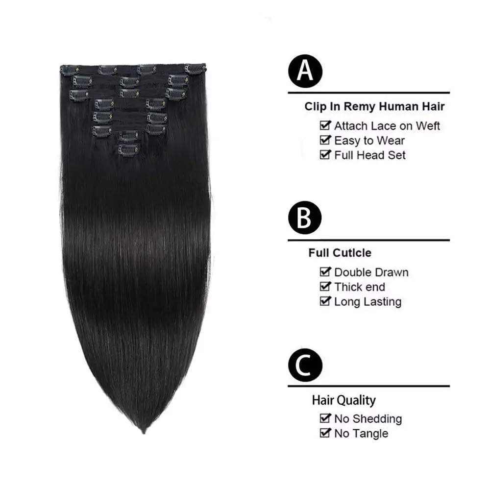 Extensões de cabelo com clipe para mulheres, cabelo humano real, 100% Remy, reto, moda, preto natural, 8pcs, 120g, # 1B
