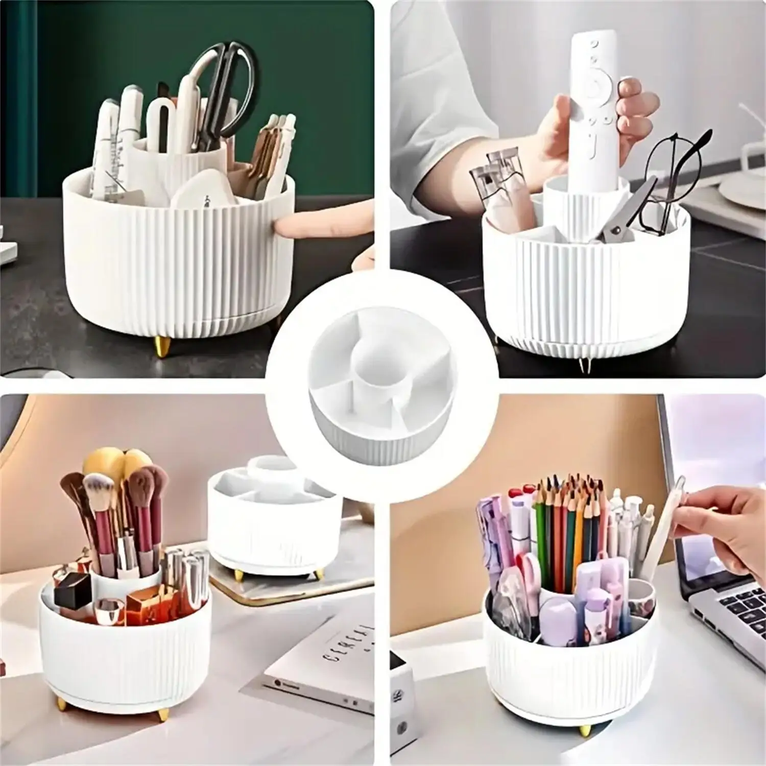 360 °   Organizador de maquillaje giratorio, almacenamiento de cosméticos de plástico de 1 pieza con 5 compartimentos, soporte multifuncional para brochas