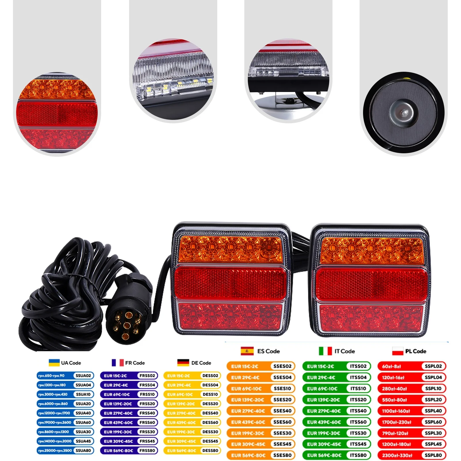 3256807765834798 Zestaw świateł tylnych LED do przyczepy, 12 V, z wtyczką 7-pinową, trwały materiał, łatwy w montażu, poprawia widoczność, licencje