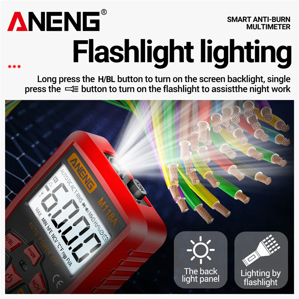 ANENG M118A Mini multímetro Digital probador 6000 recuentos medidor de Tranistor de valores eficaces verdaderos automático con linterna de retención de datos NCV