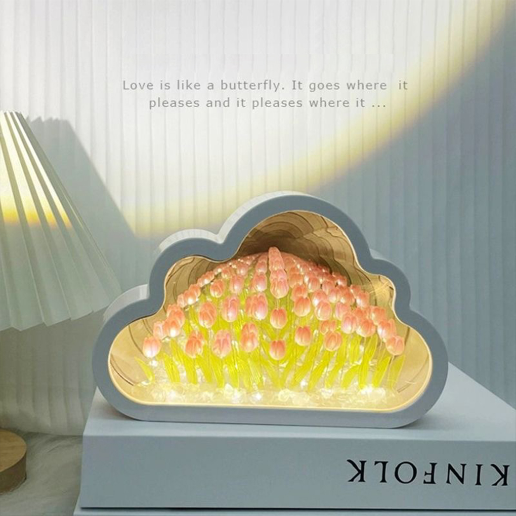 Cloud TULIP Night Light ทําด้วยมือ DIY วัสดุดอกไม้ตกแต่งบ้านกระจกสร้างสรรค์บรรยากาศโคมไฟของขวัญวันเกิดวันวาเลนไทน์