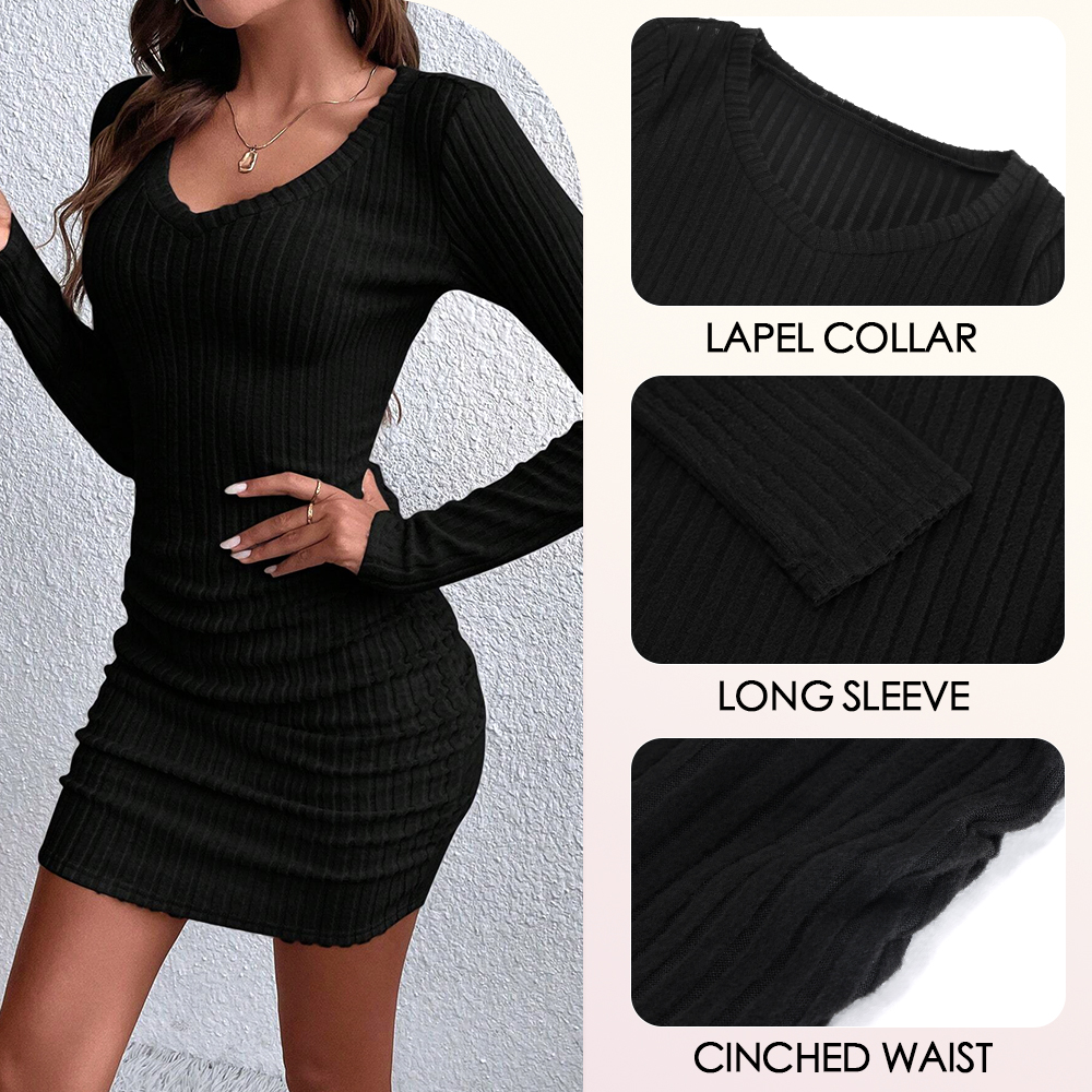 Mia Muse Damenkleider, Herbst und Winter, gerippt, gestrickt, schmal, einfarbig, sexy Body mit V-Ausschnitt, Mini, lässig, langärmelig, kurze Kleider