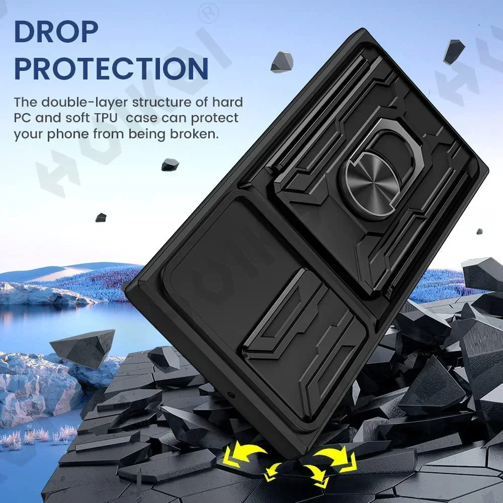 Чехол для Samsung Galaxy S25 S24 S23 S22 S21 Ultra Plus S20 FE A55 A35 A54 A14 4G 5G Slide Camera Card Holder 360 °   Крышка кольца