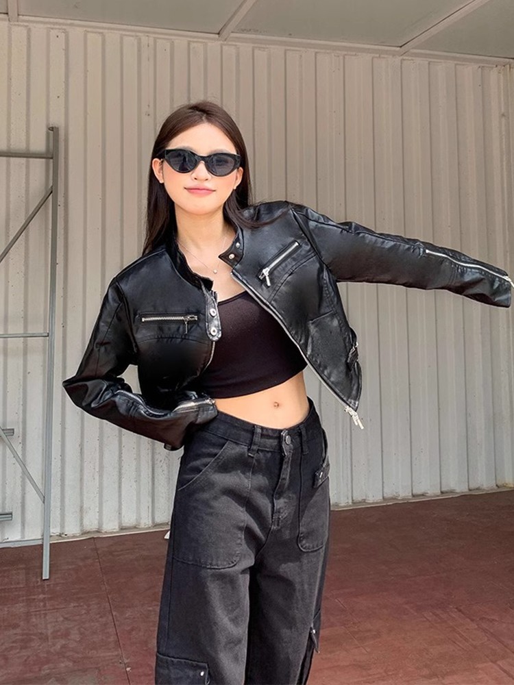 Spring 2025 Women's Slim Fit Short Leather Jacket American Retro Sle Sexy Girl High End Feelings Outerwear Zipper Design