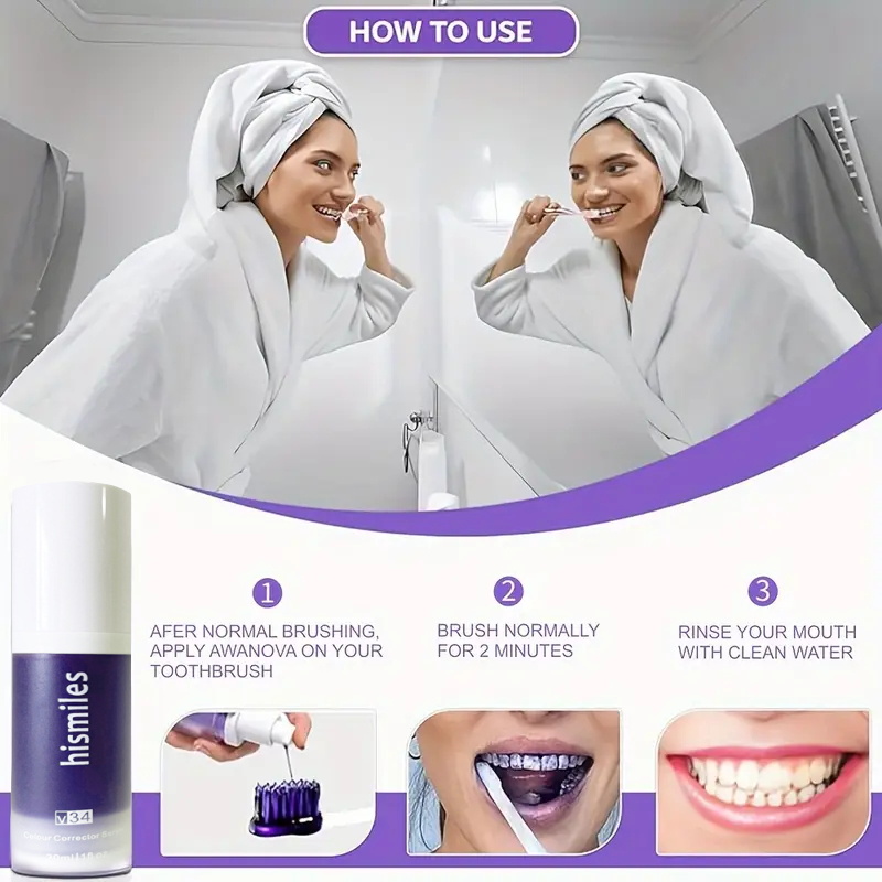 Pasta de dientes blanqueadora púrpura, limpieza profunda, eliminación de manchas, dentifrice, aliento fresco, elementos esenciales para el cuidado bucal para el hogar, vida diaria, 30ml