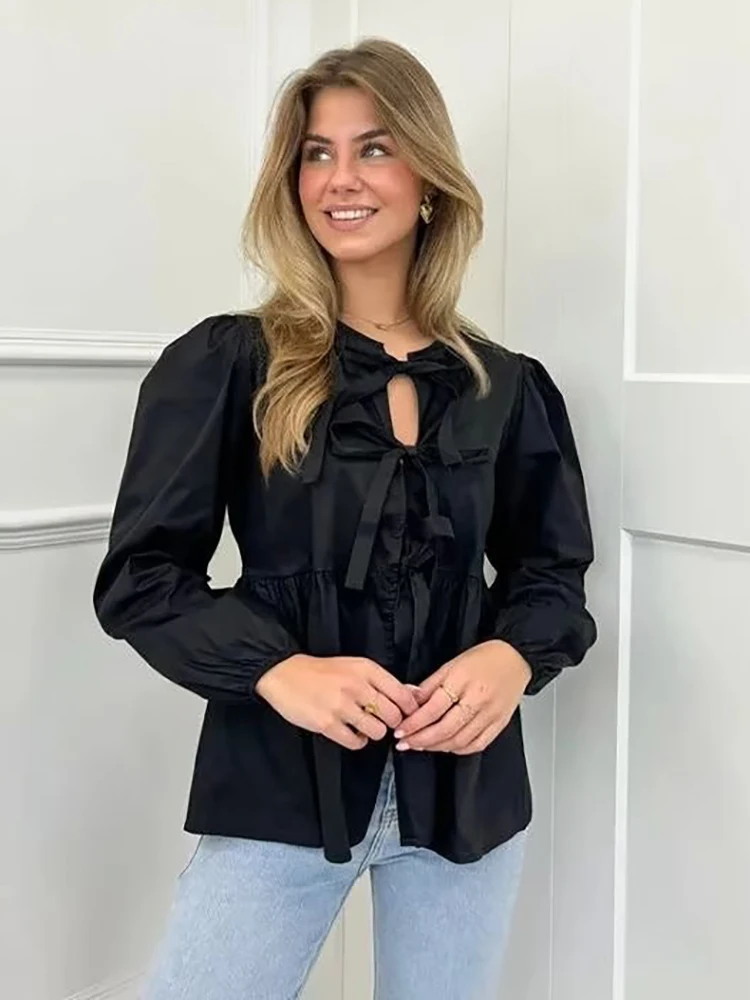 ヴィンテージ女性パフスリーブルーズシャツ 2024 ファッションレディース甘い弓ボタンブラウス女性のためのフリルトップスシックな服
