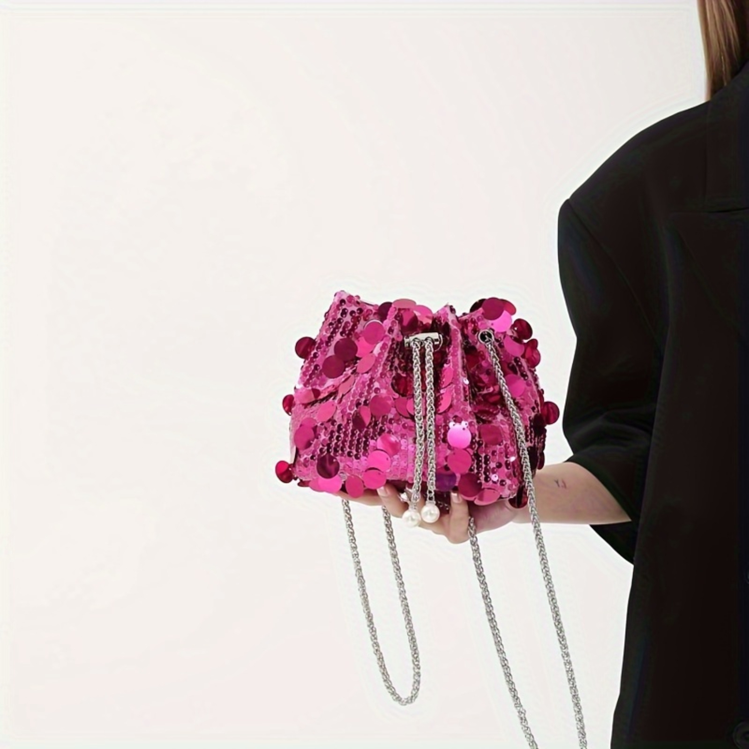 Bolsa balde de lantejoulas com alça de corrente de borla para festa e noite