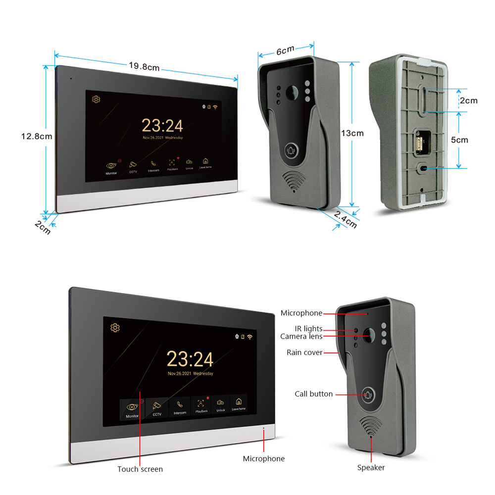 1080P home  intercom system,7” IPS FHD screen and metal shell doorbell, mobile detection, image storage, TUYA wireless doorbell