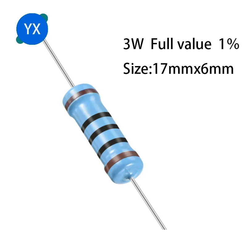 20 piezas resistencia de película metálica de 3W 1% resistencia de potencia de anillo de cinco colores 0.1R ~ 1M 3,3 4.7R 10R 100R 220R 470R 1K 2,2K 10K 22K 4,7K 100K Ohm