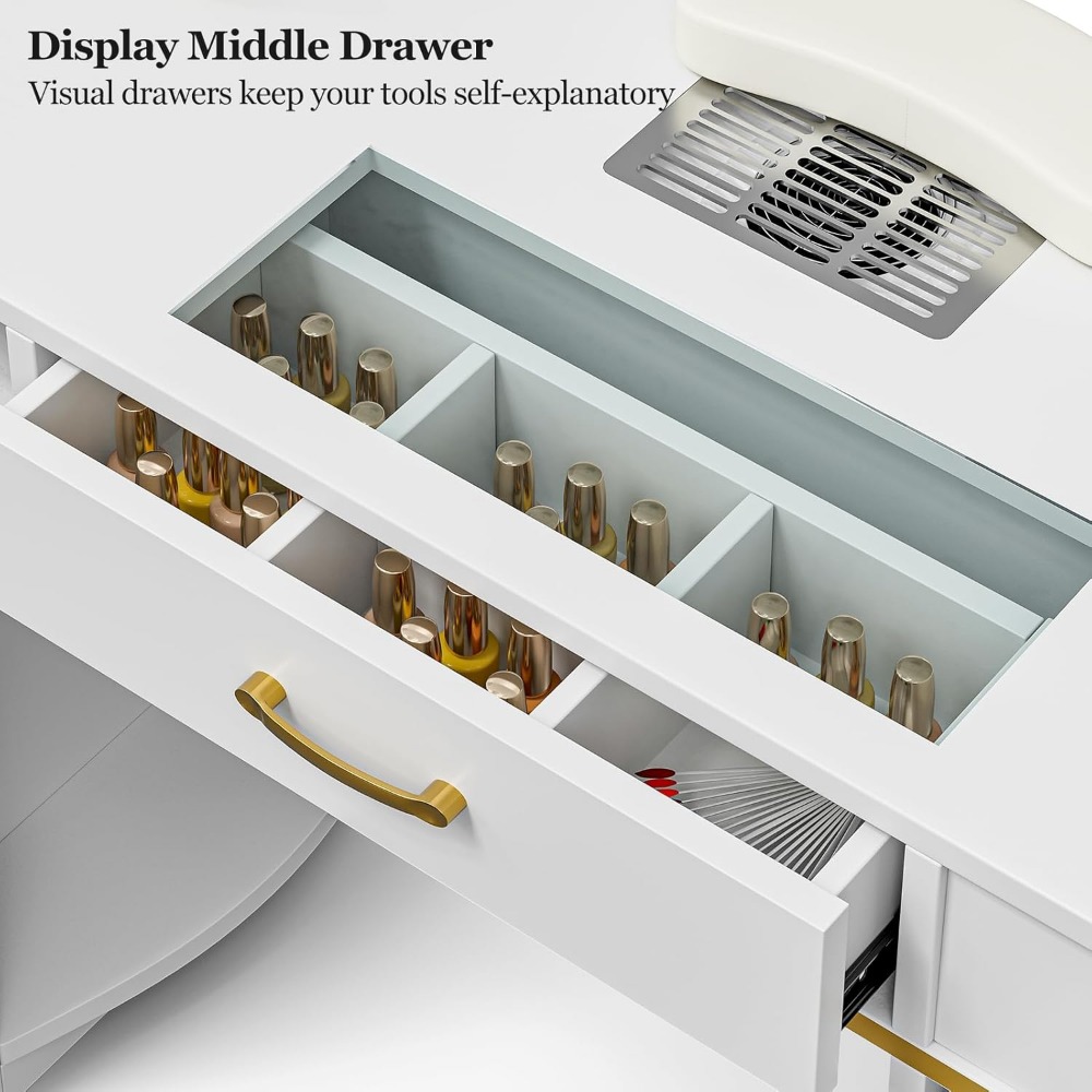 Manicure Table Nail Station for Nail Tech, Glass Top Nail Table Acetone Resistant W/Dust Collector, 7 Drawers & 3-Tier Shelves