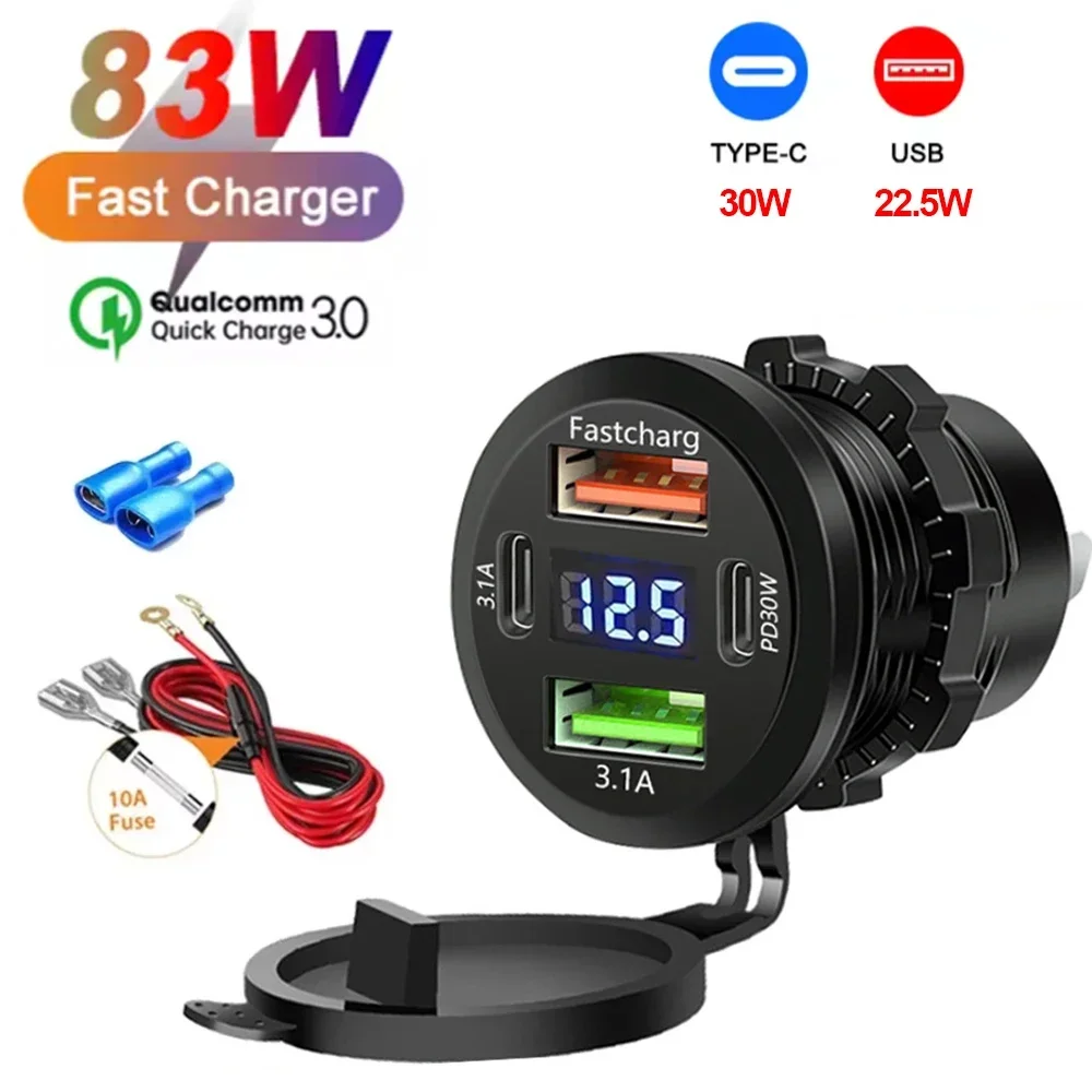 НОВОЕ 83 Вт Dual PD Dual QC 3.0 USB Автомобильное зарядное устройство с розеткой вольтметра Водонепроницаемый адаптер для 12 В/24 В автомобиля Лодка Лидер продаж