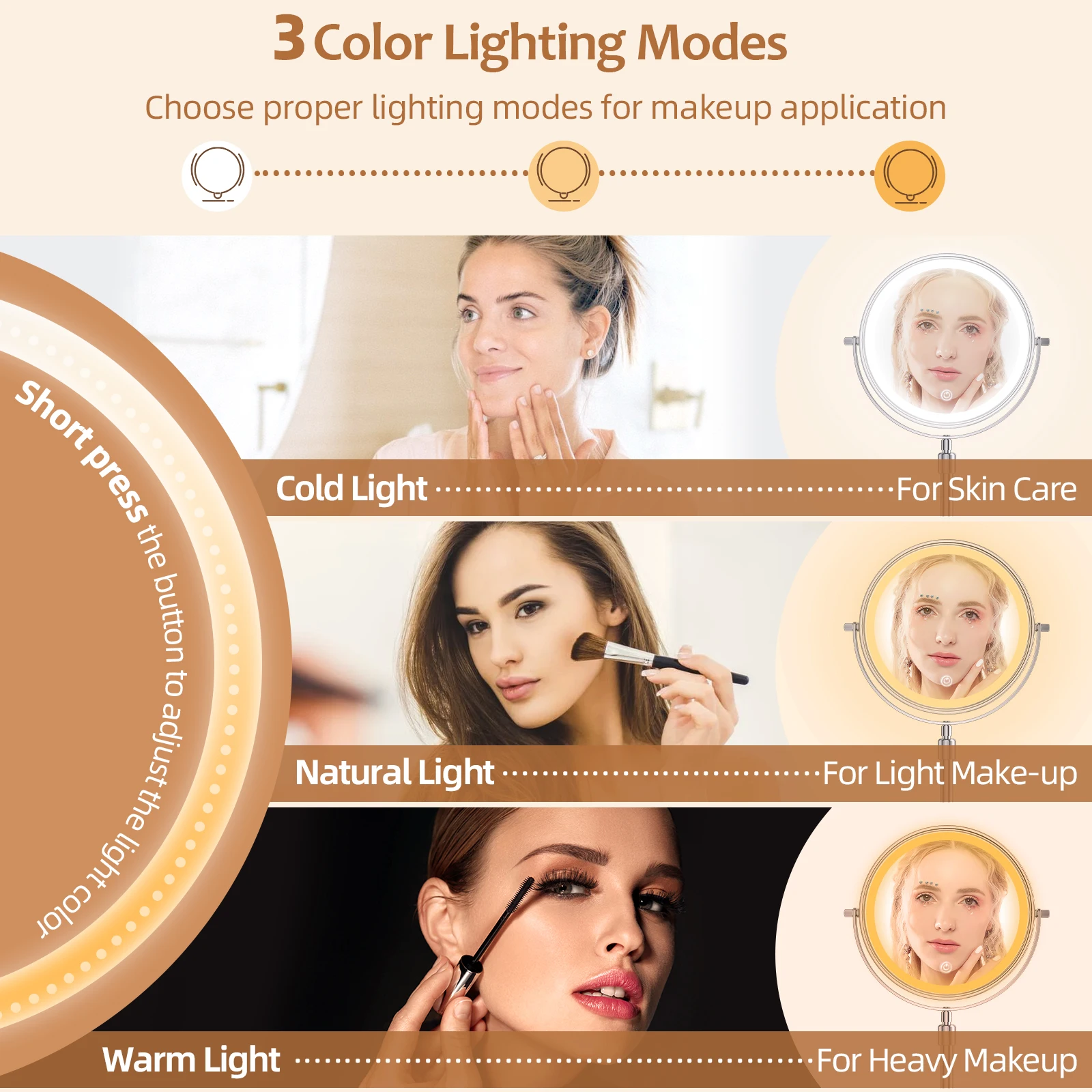 Espejo de maquillaje con lámpara de luz, 8 pulgadas, aumento de 10X, 3 luces de Color, brillo ajustable, altura de pie, espejo cosmético