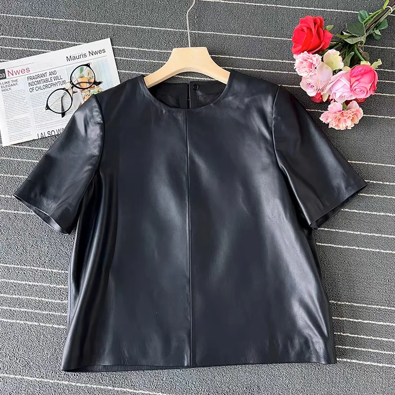 Echtleder-Oberteile für Damen 2025, Frühjahr/Sommer, kurze, gerade Ärmel, Rundhalsausschnitt, Pullover, Hemden und Blusen, dünne Wildleder-Blusen