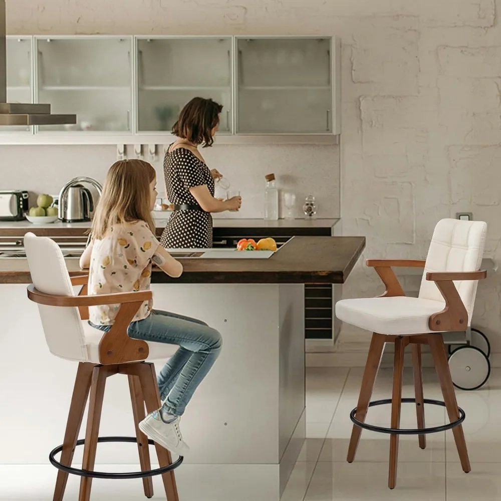 26” Counter Height Bar Stools,Leather Upholstered Bar Chair, Swivel Bar Stools, Modern Beige Barstool Set