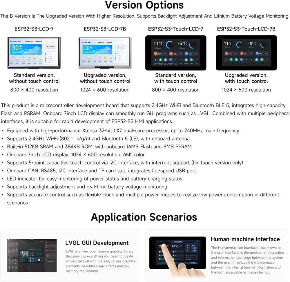 Waveshare ESP32-S3 7,0 pulgadas 1024x600 Placa de desarrollo LCD ESP32 pantalla táctil LVGL GUI para Arduino IDE ESP-IDF PlatformIO