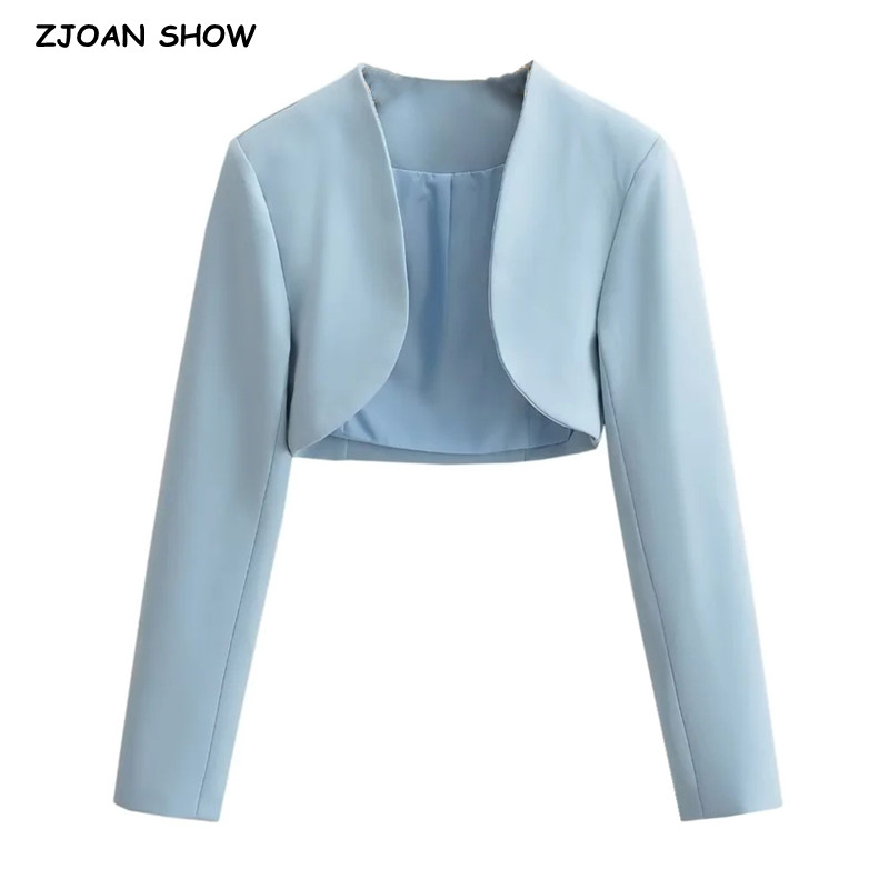 2023 herbst V-ausschnitt Offene nähte Abgeschnitten Blazer Frauen Volle Hülse Kurze Anzüge Mode Oberbekleidung