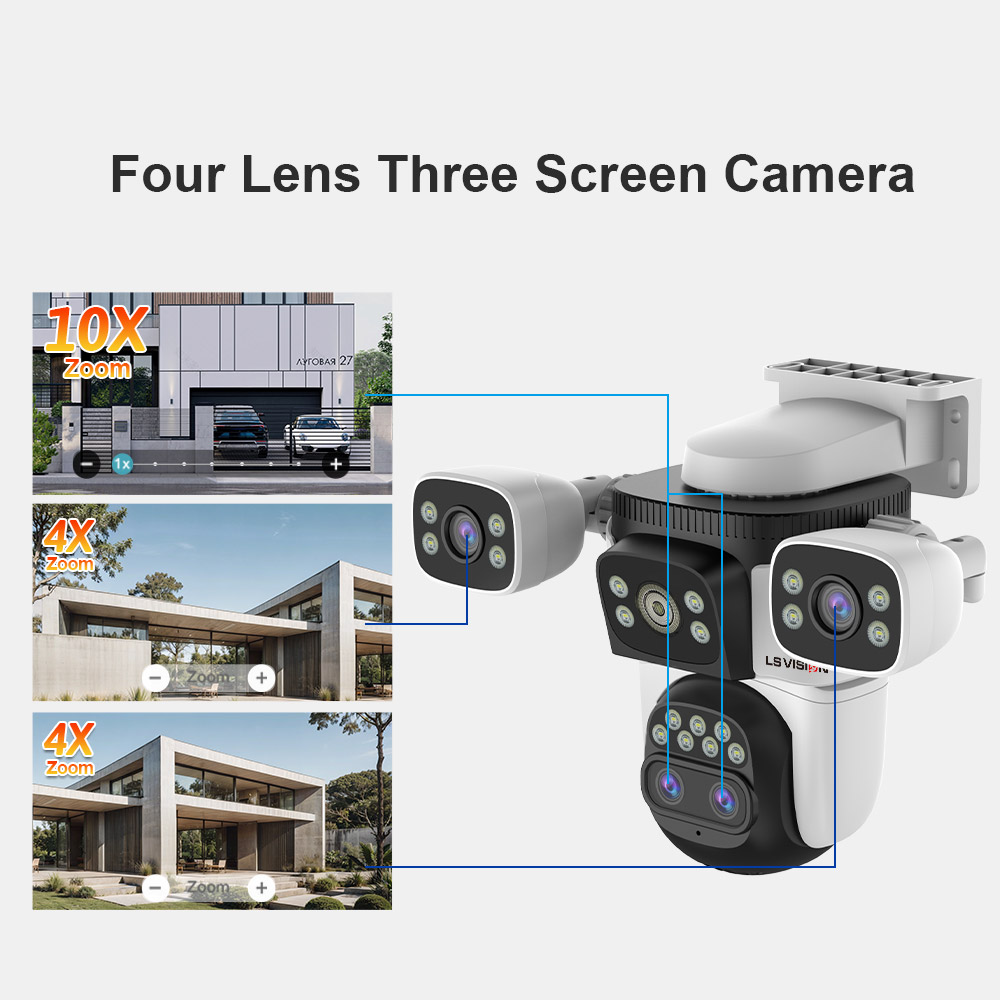 LS VISION 20MP 10X Zoom Three Screens WiFi IP Camera Wireless Outdoor 10K Four Lens PTZ Human Auto Tracking Surveillance Cameras