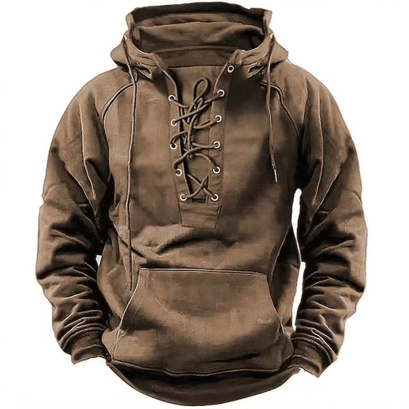 Moda de otoño, sudaderas con capucha para hombre, sudaderas holgadas de manga larga con cordón y cordones, ropa de calle para hombre, sudaderas con capucha Vintage de Color sólido