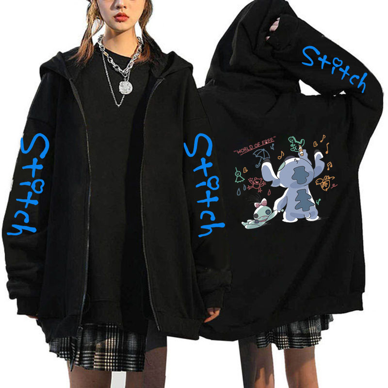 เสื้อกันหนาวขนาดใหญ่เสื้อผ้าผู้หญิงจัดส่งฟรี Disney Lilo & Stitch รูปแบบ Zip-Up Hoodies ฤดูใบไม้ร่วงฤดูหนาวแขนยาว WARM Coat