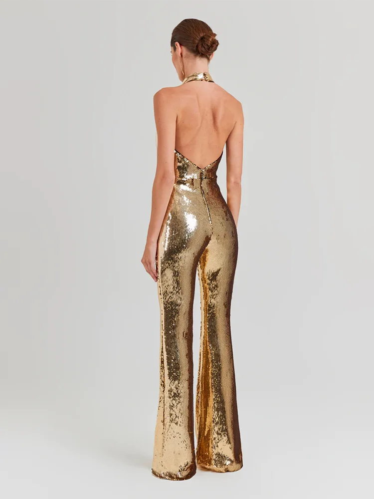 ผู้หญิงแขนกุดทองเลื่อมJumpsuitเซ็กซี่VคอSparkle Sequined Highเอวกางเกงขากว้างJumpsuitคนดังชุดราตรี