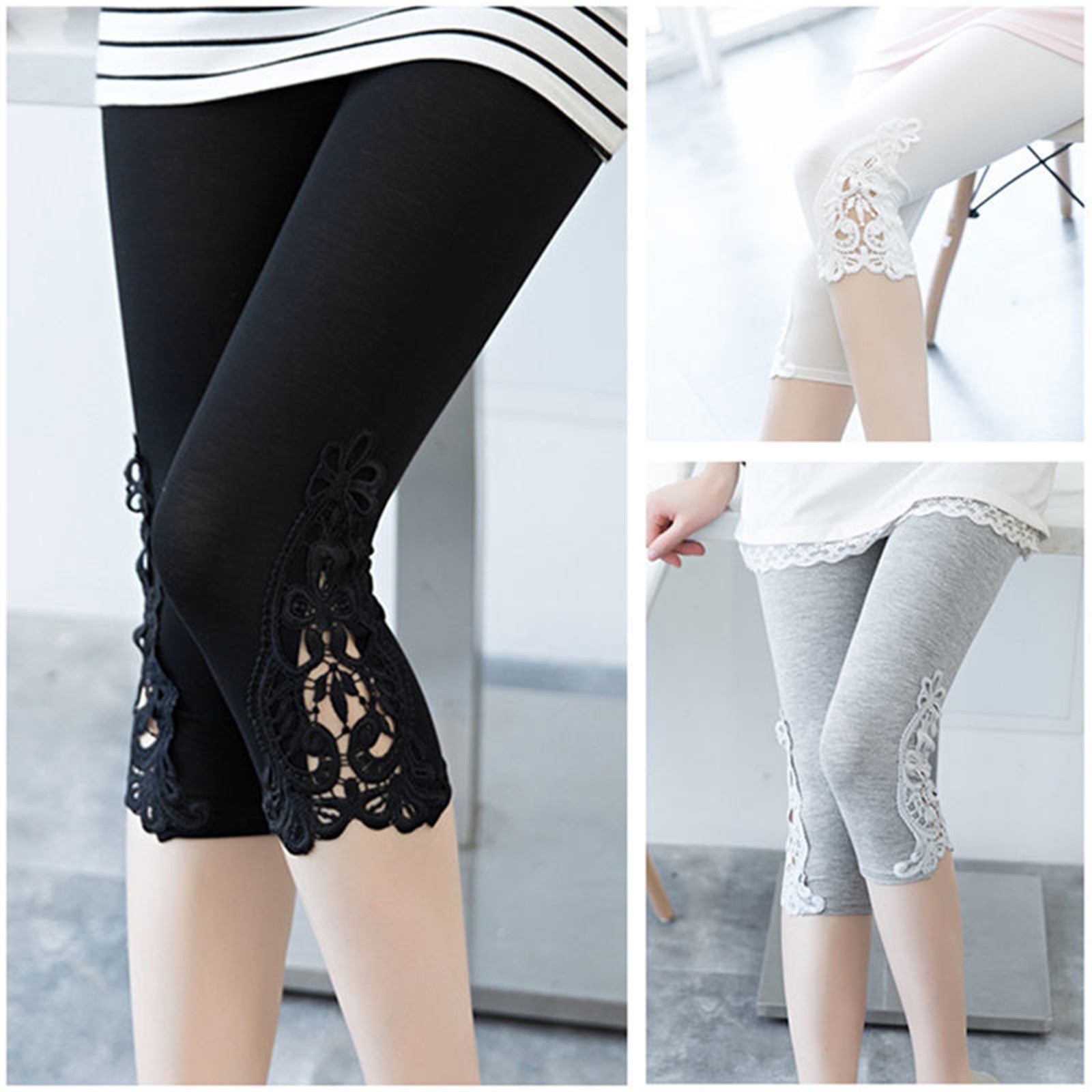 Pantalones ajustados de encaje para mujer, pantalón informal, cómodo, transpirable, negro, blanco, gris, versátil, Verano