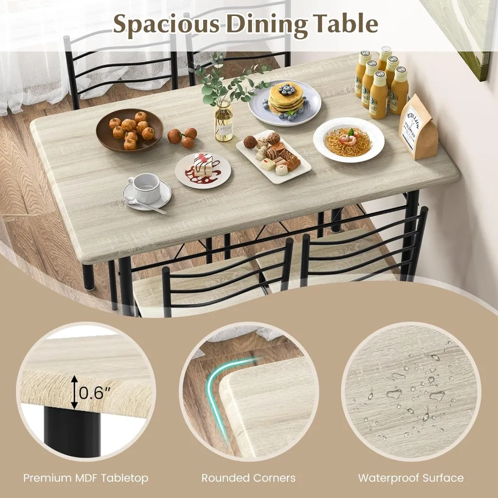 Kitchen Table Chairs Set of 4, 5 Piece Metal Rectangular Dinette Set w/Non-Slip Pad, Space-Saving Design, Modern Dining  Room