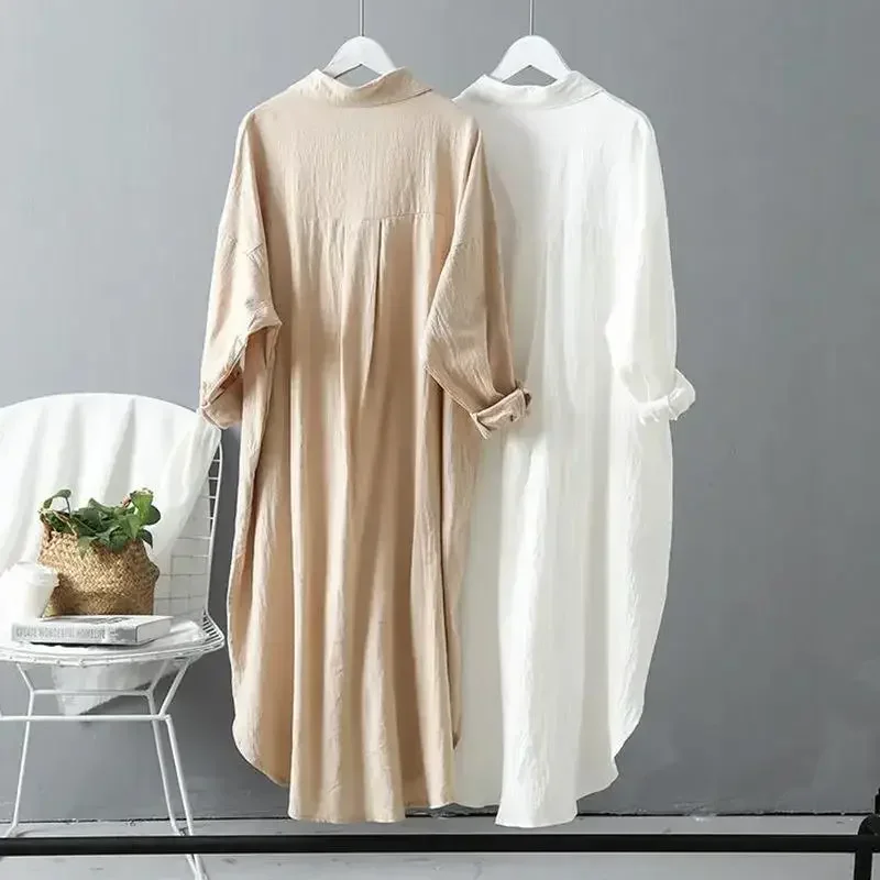 เดรสสีขาวเสื้อเชิ้ตยาวสำหรับผู้หญิงชุดคลุมเข่าโอเวอร์ไซส์ผ้าฝ้ายผ้าลินินลำลองฤดูร้อน2024ฤดูใบไม้ผลิ