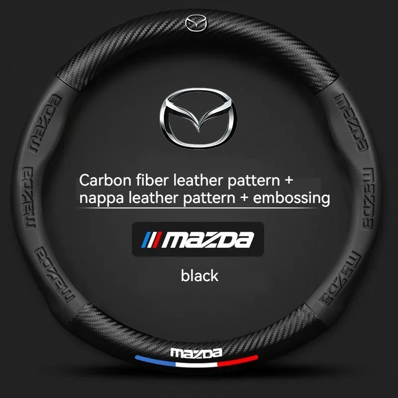 Protector para volante de coche de cuero y fibra de carbono, accesorios para Mazda 3 5 6 SKYACTIV Axela Atenza CX30 CX5 CX8 CX9 MX5 RX8 RX7 BT50