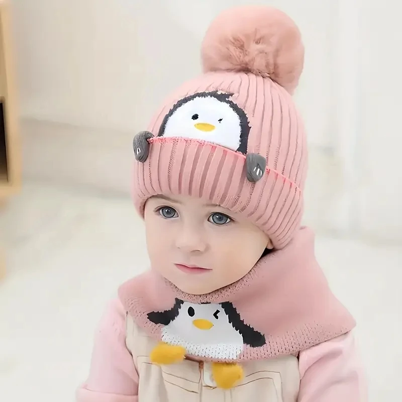 Warme Mütze für Kinder im Herbst und Winter, süßes Pinguin-Strick-Gehörschutz-Set, Kindermütze und Hals, warme Wintermütze, Pinguin-Pat