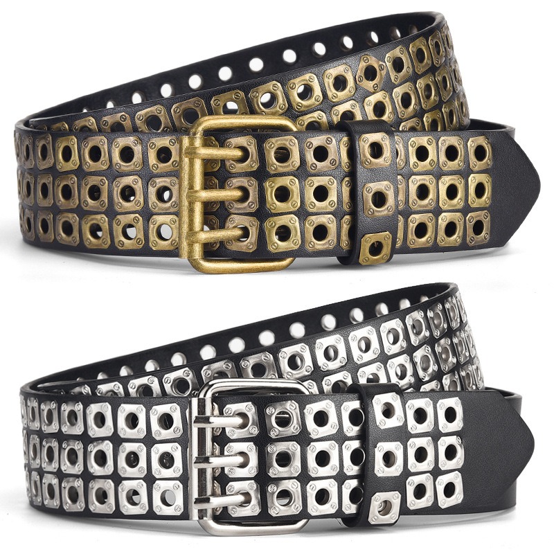 2024 nuevo cinturón de moda 110CM hombres estilo Punk PU remache de cuero cinturón de Metal ojo hebilla de aleación tendencia cinturón Casual resistente y resistente