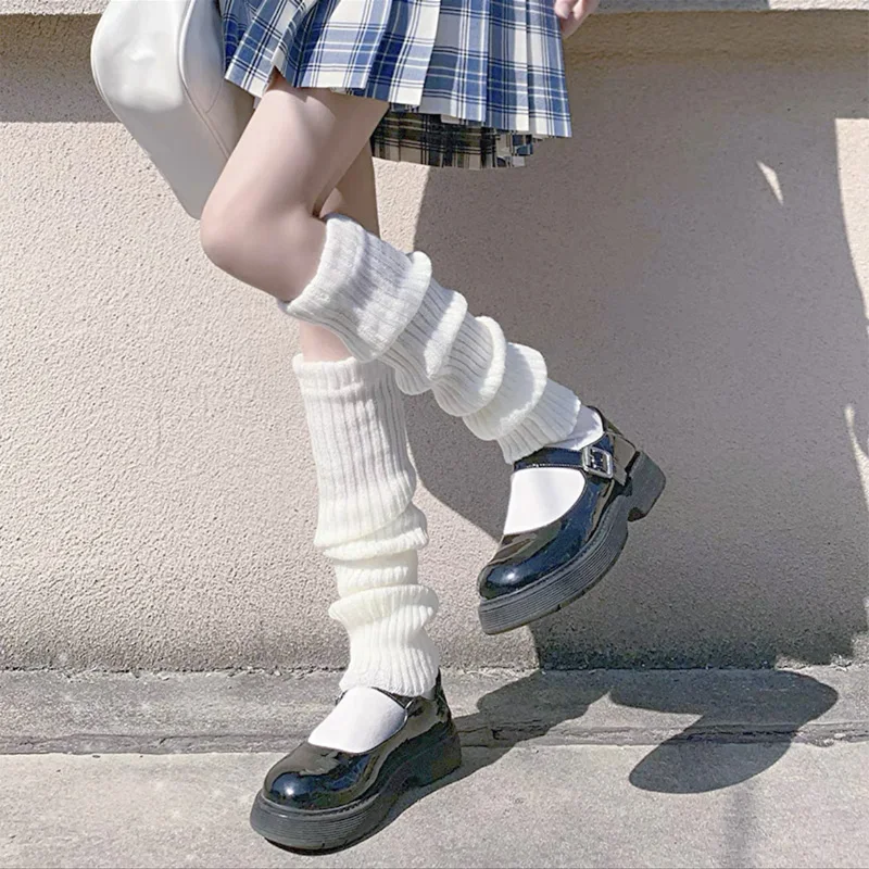 Lolita-Calentadores de piernas para mujer, calcetines de punto cálido, cubierta de pie, blanco y negro, calcetín de ganchillo para otoño e invierno, 40/50/70cm