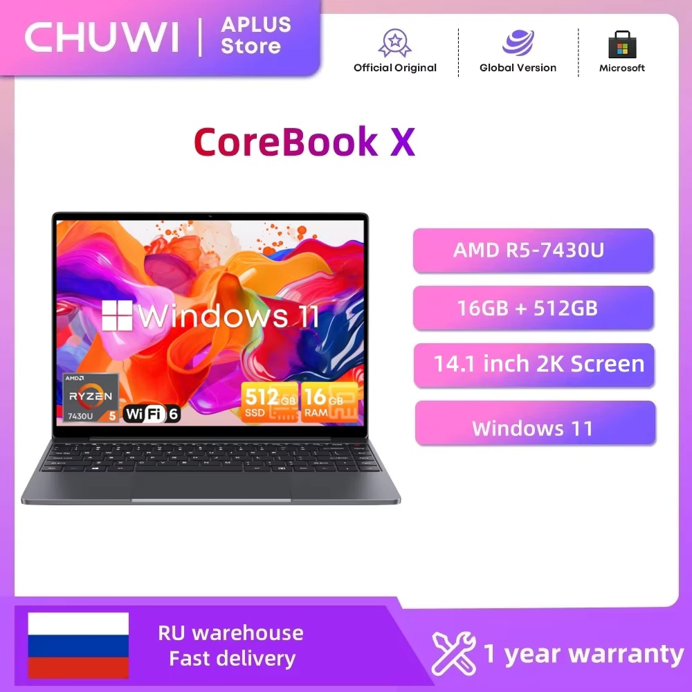 CHUWI CoreBook X Gaming Laptop 14.1 inch 2K IPS Screen AMD R5-7430U 16GB DDR4 RAM 512GB SSD Windows 11 Wifi6 Notebook Computer