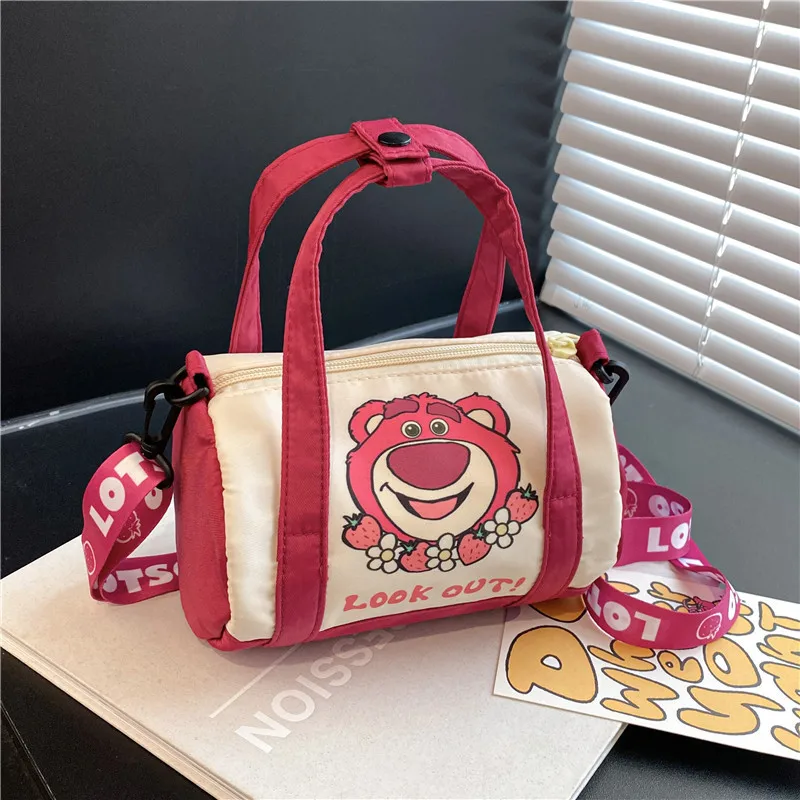 Miniso ponto lona bolsa de ombro para mulheres dos desenhos animados morango urso casual crossbody saco diário deslocamento presente para crianças natal