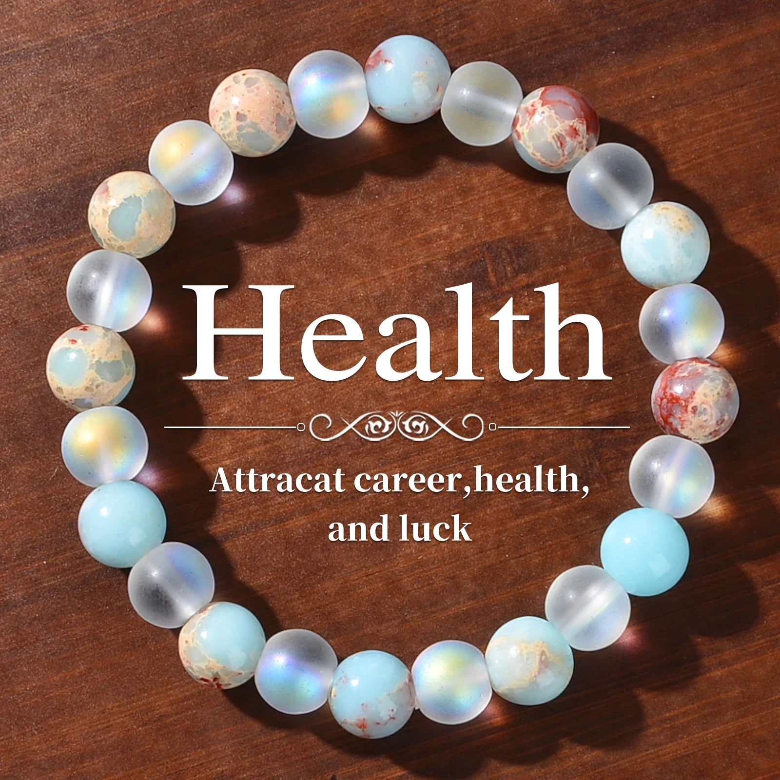 Bracciale con perline Aura al quarzo e sedimenti dell'oceano da 1 pezzo - Unisex - Gioielli in cristallo per la casaopatica - Portare l'ondanza - Prosperità