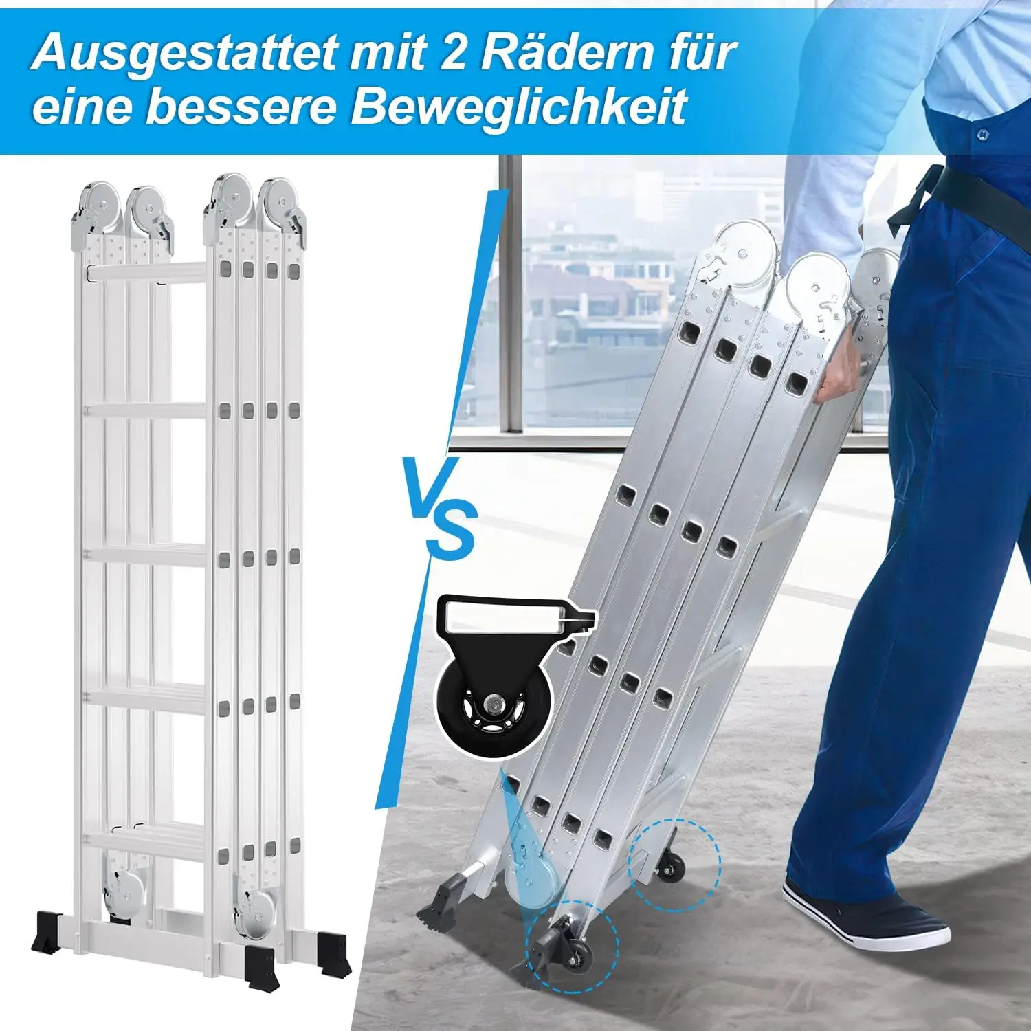 Scala multiuso in alluminio da 5.8m, 4x5 gradini, con piattaforma, 2 piastre per ponteggi, scaletta fino a 150kg, scala pieghevole con