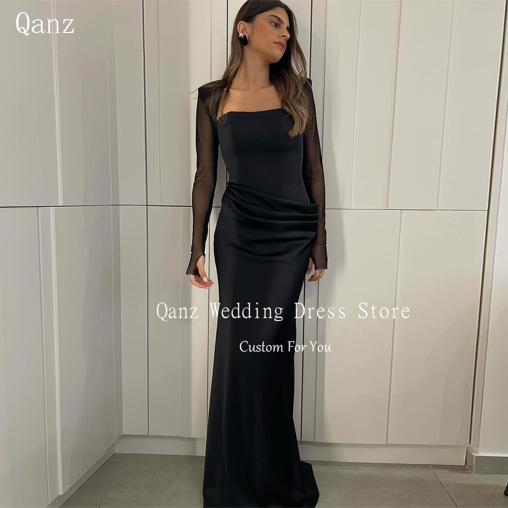 Qanz Schwarze einfache Abendkleider mit langen Ärmeln, Meerjungfrau-Satin, Vestidos De Fiesta, trägerloses, maßgeschneidertes Kleid für besondere Anlässe