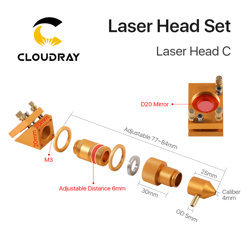 Cloudray série k conjunto de cabeça laser co2 d12 18 20 fl50.8mm lente cor dourada para 2030 4060 k40 máquina corte gravação a laser