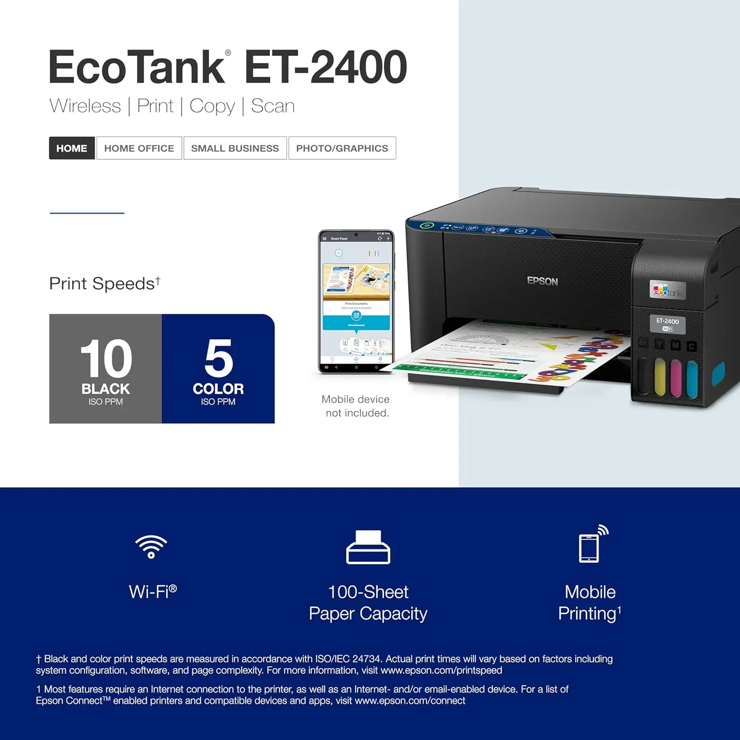 EcoTank ET-2400 Wireless Color All-in-One Cartridge-Free Supertank Printer with Scan and Copy– Easy,Everyday Home Printing,Black