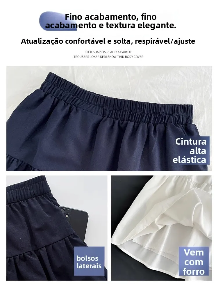 Saia Midi Versátil de Cintura Alta para Mulheres, Estilo Vintage de Verão, Saia em A que Previne Exposição na Cor Azul, Estil...