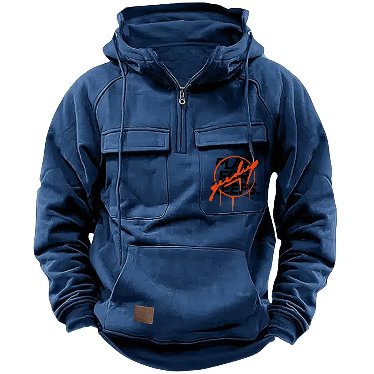 Moletom com capuz tático com meio zíper masculino, moletom estilo workwear de lã quente de cor sólida, jaqueta com capuz com vários bolsos masculinos