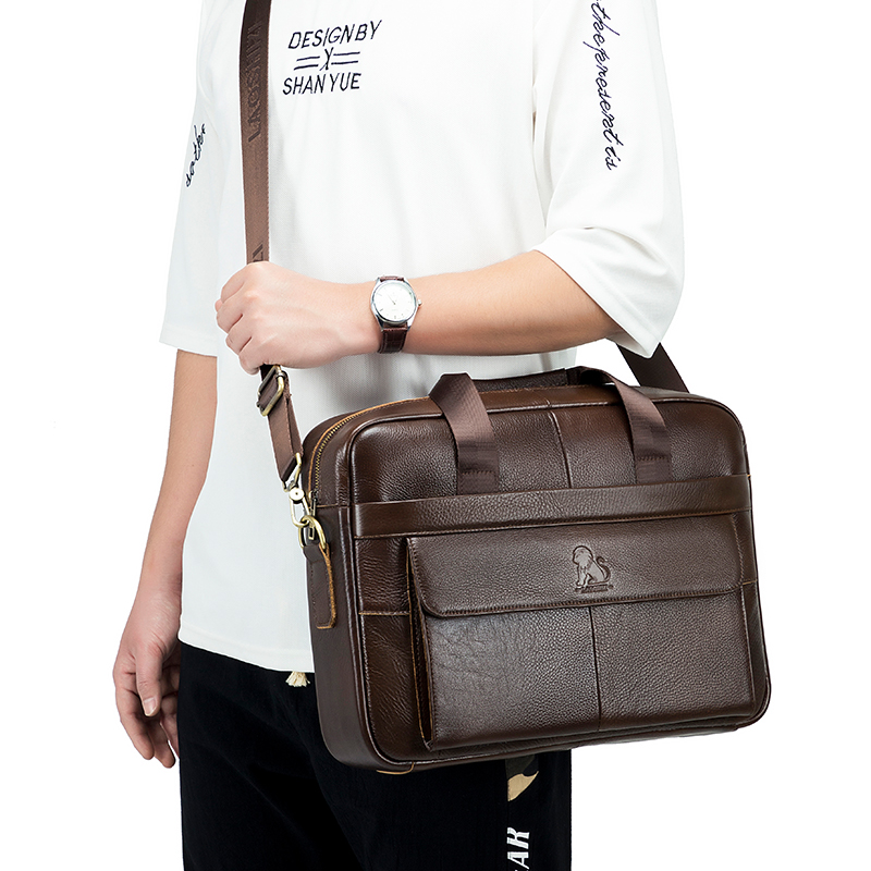 STEEL LION Genuine Leather Men's Briefcase Large Capacity Crossbody Computer Bag with Single Shoulder Strap Luggage Fixing Belt
