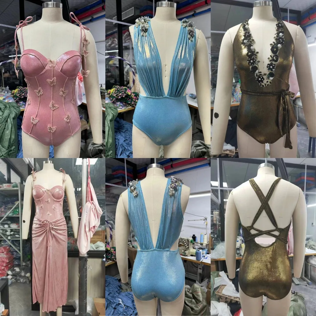 Maillot de bain une pièce brillant, couleur unie, décolleté en V profond, industrie lourde, ensemble pour femmes, Style populaire, nouvelle collection 2024