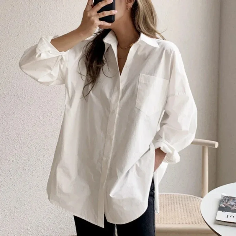 Camicette larghe casual bianche eleganti da donna da ufficio Moda nuova camicia da donna a maniche lunghe in cotone con colletto couverture