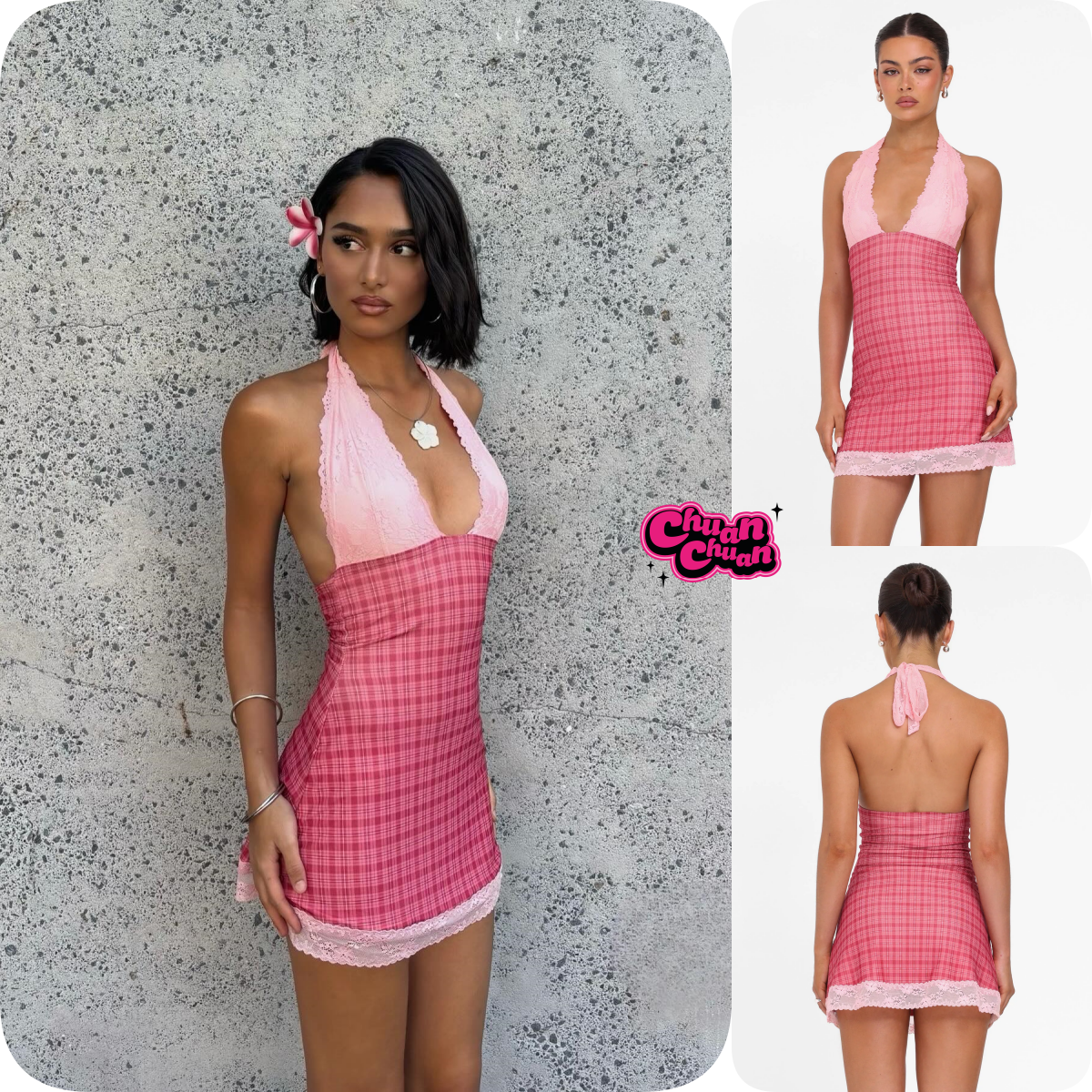 Vestido Sexy Slimming com Decote Profundo em V e Estampa Xadrez Rosa Tiger Mist NAVIA, Serviço de Design Personalizável