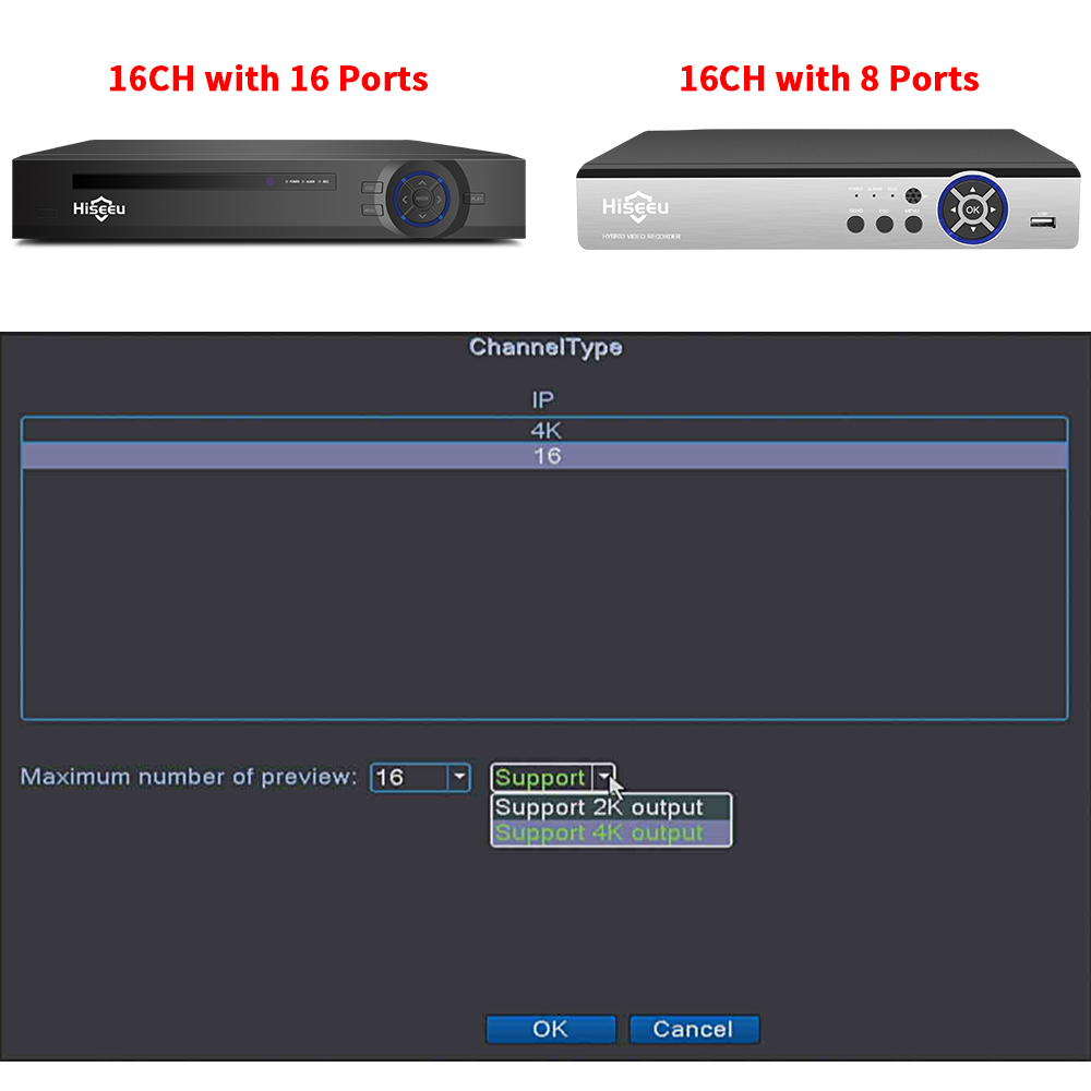 Hiseeu 4K 16CH POE NVR Onvif H.265 Видеорегистратор видеонаблюдения для IP-камеры POE (1080P/3MP/4MP/5MP/8MP/4K)
