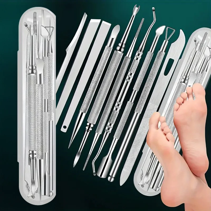 Juego de herramientas de pedicura de acero inoxidable, cuchillo de manicura de precisión para eliminar callos de piel muerta, herramientas portátiles para el cuidado de cutículas de pies, 10 Uds.