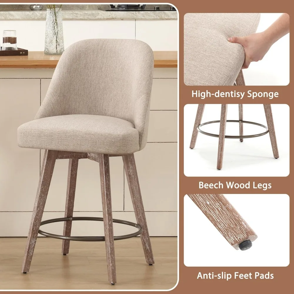 Counter Height Swivel Bar Stools Set of 3, Upholstered Fabric Barstools with Back and Thick Seat, Solid Wood Legs, 26" Modern