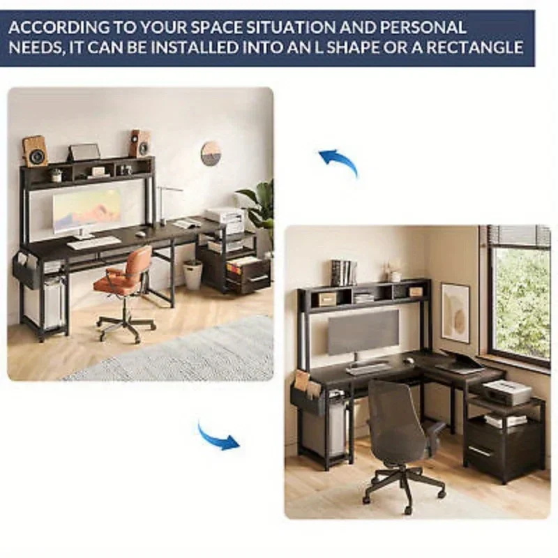Reversible L-Shaped Computer Desk with File Cabinet, LED Lights & USB AC Outlet